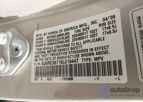 2009 Honda Cr-V Ex-L from USA, damaged, VIN 5J6RE38719L019447